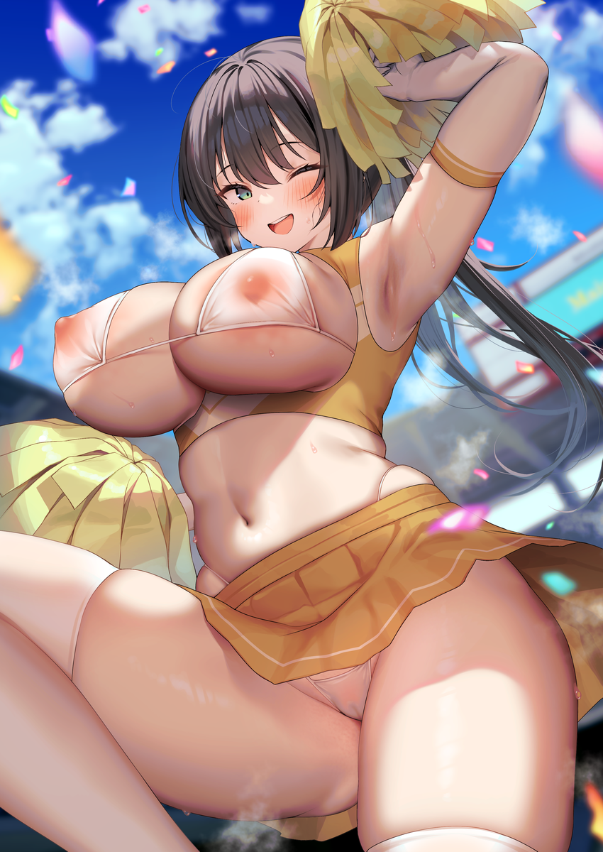 1girl ;d arm_up armpits bikini bikini_under_clothes black_hair blue_eyes blurry blurry_background blush breasts cameltoe cheering cheerleader commentary_request confetti covered_nipples crop_top elbow_gloves gloves highleg highleg_bikini highres holding holding_pom_poms huge_breasts long_hair looking_at_viewer miniskirt mintoaisu navel nipples one_eye_closed original outdoors paid_reward_available pleated_skirt pom_pom_(cheerleading) ponytail see-through_bikini skirt smile solo swimsuit thighhighs thighs white_bikini white_gloves white_thighhighs yellow_skirt