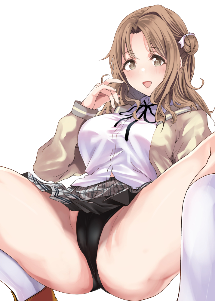 1girl black_panties breasts brown_eyes brown_hair brown_jacket commentary_request cover cover_page doujin_cover grey_skirt hair_bun hand_up ichikawa_hinana idolmaster idolmaster_shiny_colors jacket large_breasts long_sleeves looking_at_viewer medium_hair open_mouth panties parted_bangs plaid plaid_skirt pleated_skirt school_uniform shirt simple_background single_hair_bun single_side_bun skirt smile solo spread_legs thick_thighs thighs underwear white_background white_shirt yuu_(asaiyuji)