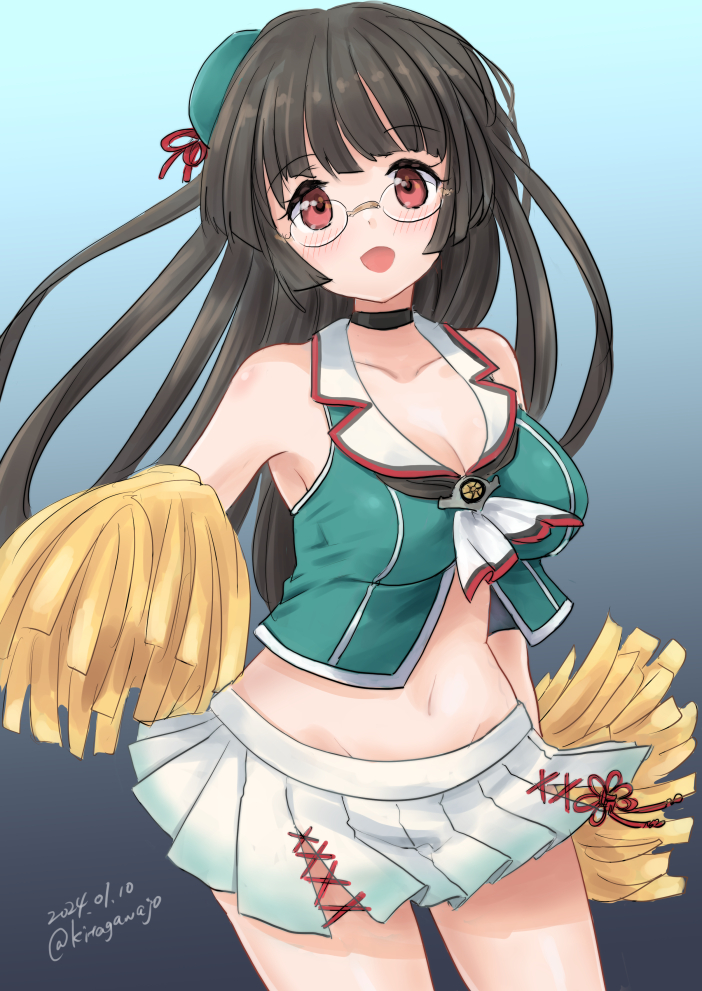 1girl beret black_hair breasts choukai_(kancolle) choukai_kai_ni_(kancolle) cleavage cowboy_shot crop_top glasses green_headwear green_shirt hat holding holding_pom_poms kantai_collection kitagawa_mikio large_breasts long_hair navel one-hour_drawing_challenge pleated_skirt pom_pom_(cheerleading) red_eyes sailor_collar shirt skirt sleeveless sleeveless_shirt smile solo white_sailor_collar white_skirt