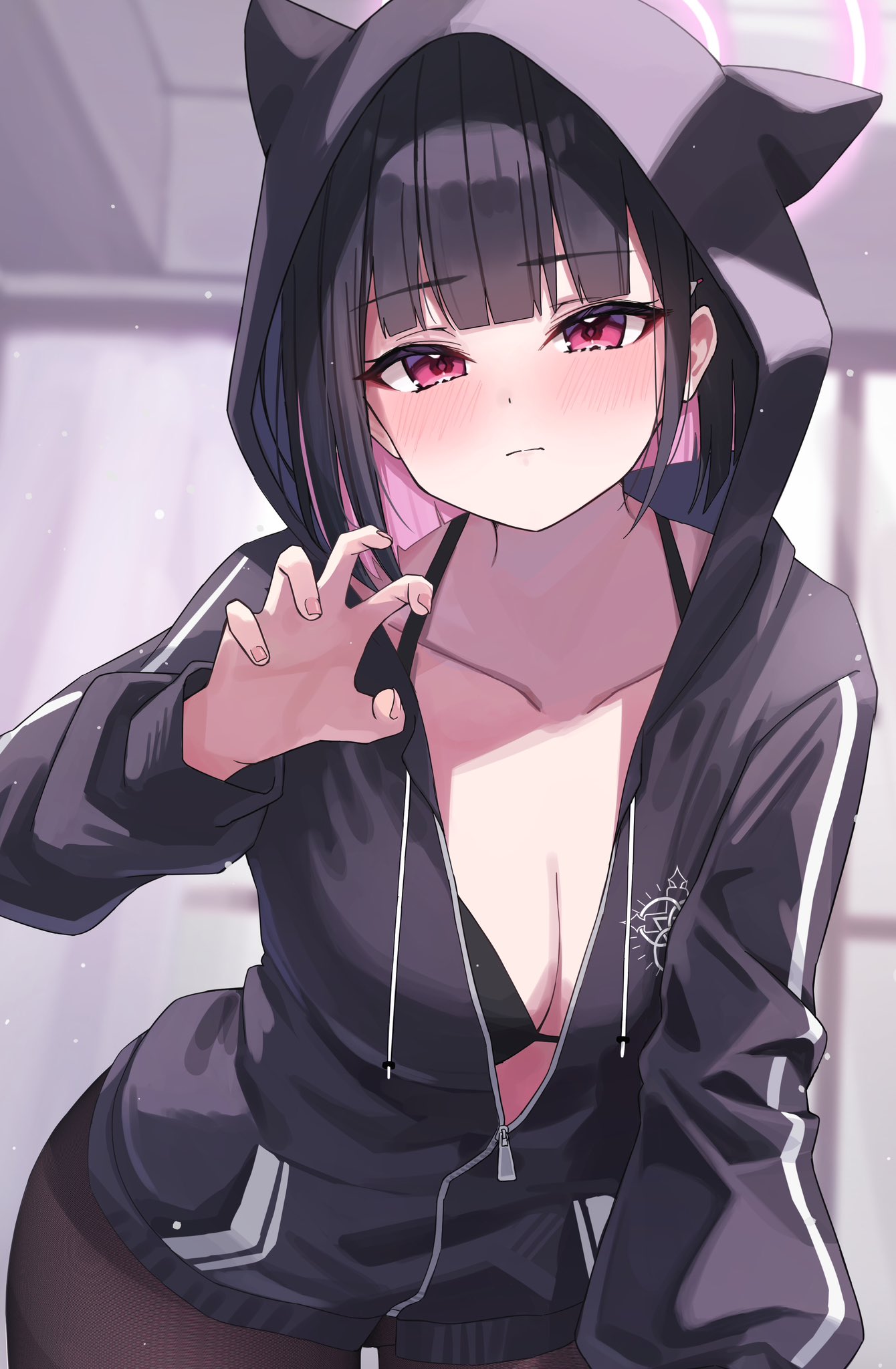 1girl animal_hood asashin_(asn) bikini bikini_under_clothes black_bikini black_hair black_jacket black_pantyhose blue_archive blurry blurry_background blush breasts claw_pose closed_mouth collarbone colored_inner_hair commentary_request halo highres hood hood_up hooded_jacket indoors jacket kazusa_(blue_archive) long_sleeves looking_at_viewer medium_breasts multicolored_hair pantyhose partially_unzipped pink_eyes pink_hair pink_halo puffy_long_sleeves puffy_sleeves solo swimsuit