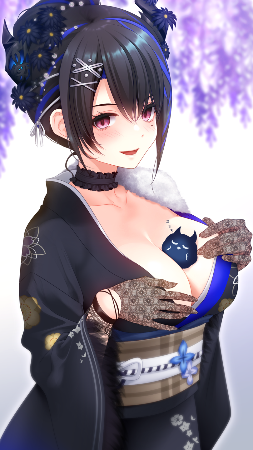 1girl asymmetrical_horns black_hair black_kimono blue_hair blush breasts choker colored_inner_hair demon_horns feather-trimmed_kimono frilled_choker frills gloves hair_ornament highres hololive hololive_english horns irori_(irorixc) jailbird_(nerissa_ravencroft) japanese_clothes kimono lace lace_gloves large_breasts long_hair looking_at_viewer mole mole_under_eye multicolored_hair nerissa_ravencroft nerissa_ravencroft_(new_year) official_alternate_hairstyle open_mouth smile solo two-tone_hair uneven_horns virtual_youtuber