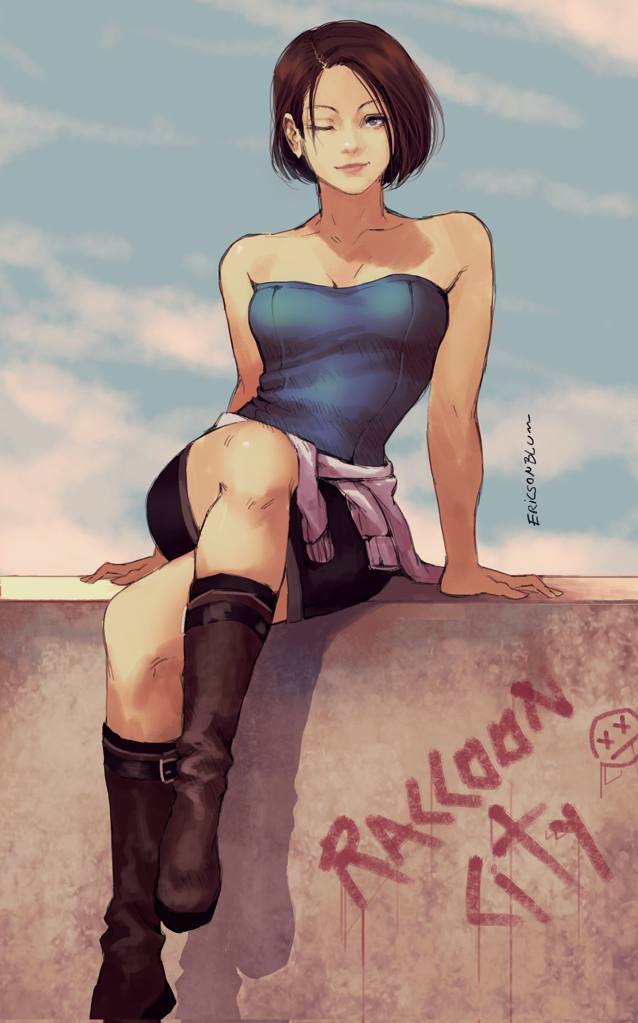 1girl artist_name bare_arms bare_shoulders black_skirt blue_eyes bob_cut boots breasts brown_hair cleavage cloud cloudy_sky collarbone crossed_legs ericson_blum full_body graffiti hand_up highres jill_valentine looking_at_viewer medium_breasts one_eye_closed outdoors resident_evil resident_evil_3:_nemesis shirt short_hair sitting sitting_on_wall skirt sky smirk solo strapless strapless_shirt tied_sweater tube_top