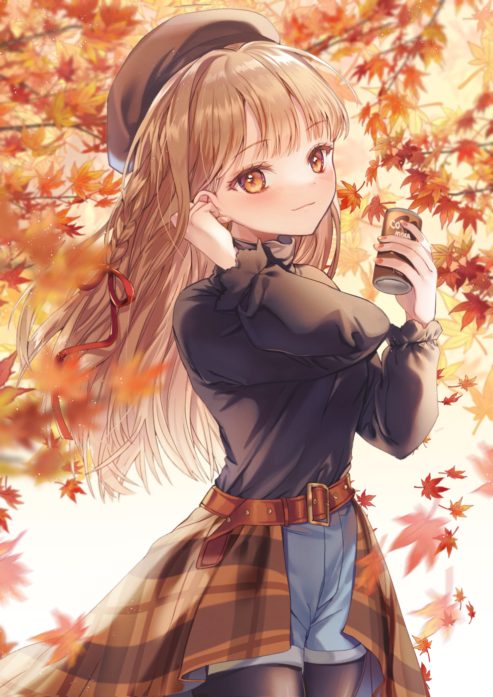 1girl autumn autumn_leaves bangs belt belt_buckle beret black_pantyhose black_shirt blue_shorts braid branch brown_belt brown_eyes brown_hair brown_headwear buckle can canned_coffee closed_mouth commentary_request dabi_(dabibubi) hair_ribbon hands_up hat highres holding holding_can leaf legwear_under_shorts long_hair long_sleeves maple_leaf original outdoors pantyhose plaid puffy_long_sleeves puffy_sleeves red_ribbon ribbon shirt short_shorts shorts smile solo very_long_hair