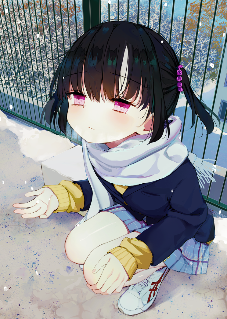 bare_legs_girl_(kamizaki_hibana) black_hair blue_coat blue_skirt cardigan closed_mouth coat commentary_request fence hair_bobbles hair_ornament iron_fence kamizaki_hibana looking_up miniskirt original outdoors pink_eyes pleated_skirt scarf skirt snow snowing squatting thighs twintails white_footwear white_scarf yellow_cardigan