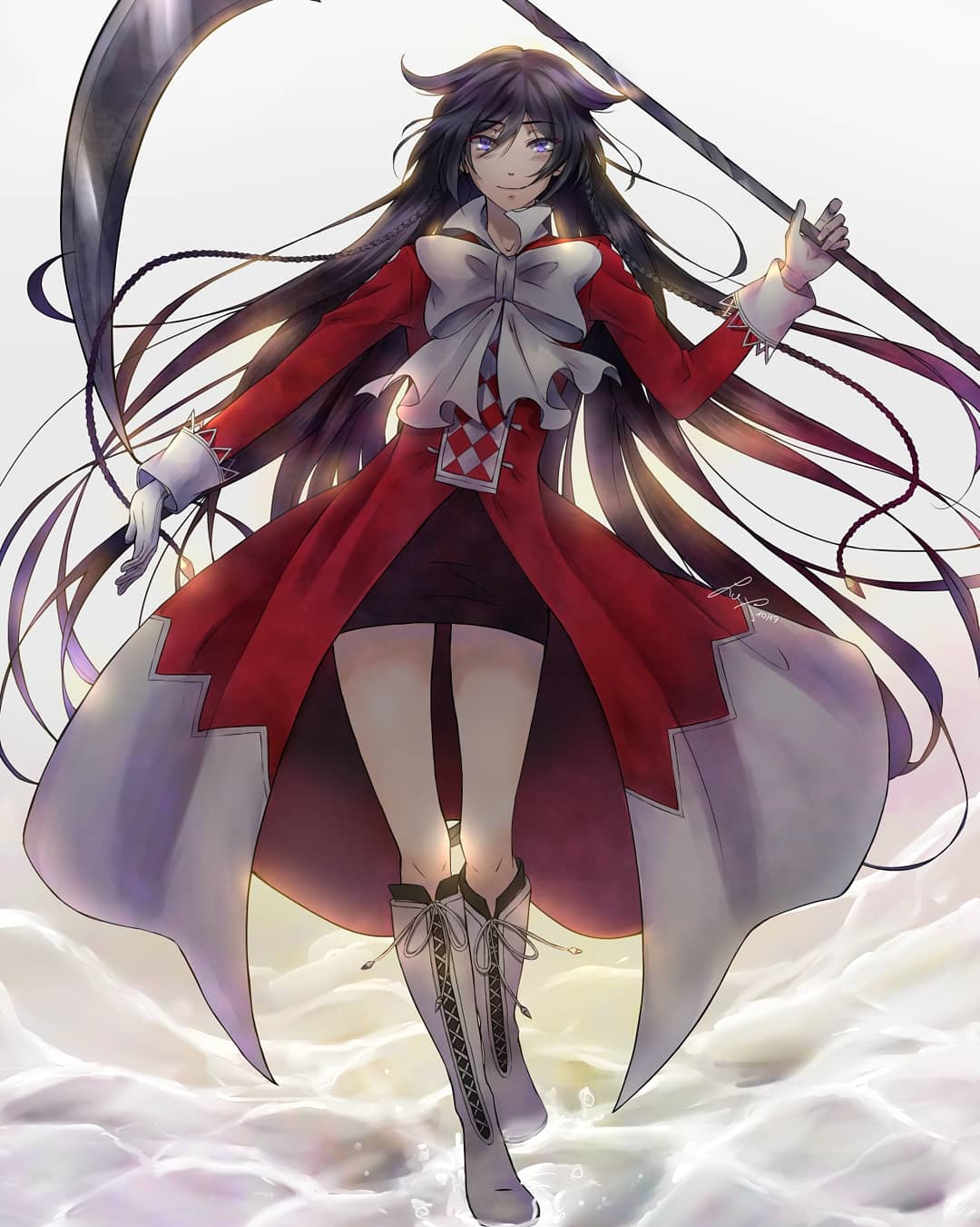 1girl alice_(pandora_hearts) boots braid coat english_commentary full_body gloves highres holding holding_scythe large_ribbon light_smile long_coat long_hair looking_at_viewer lux_arts miniskirt neck_ribbon pandora_hearts red_coat ribbon scythe skirt solo white_coat white_footwear white_gloves white_ribbon