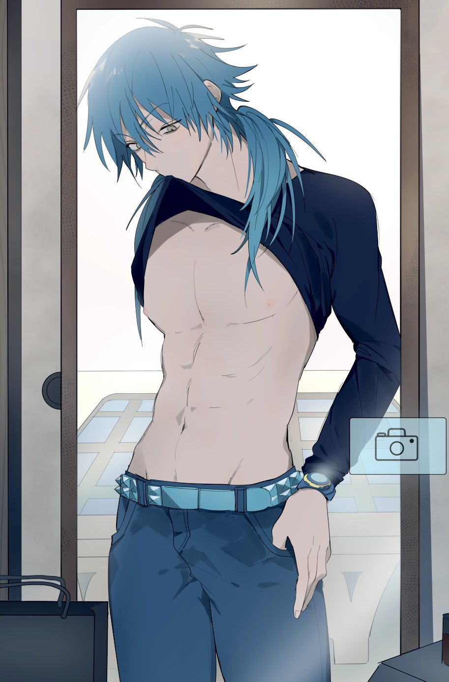 1boy abs belt biting biting_clothes black_shirt blue_belt blue_hair blue_pants camera clothes_in_mouth denim dramatical_murder hand_in_pocket highres ikaremanju jeans long_hair long_sleeves male_focus mouth_hold pants seragaki_aoba shirt shirt_in_mouth solo yellow_eyes