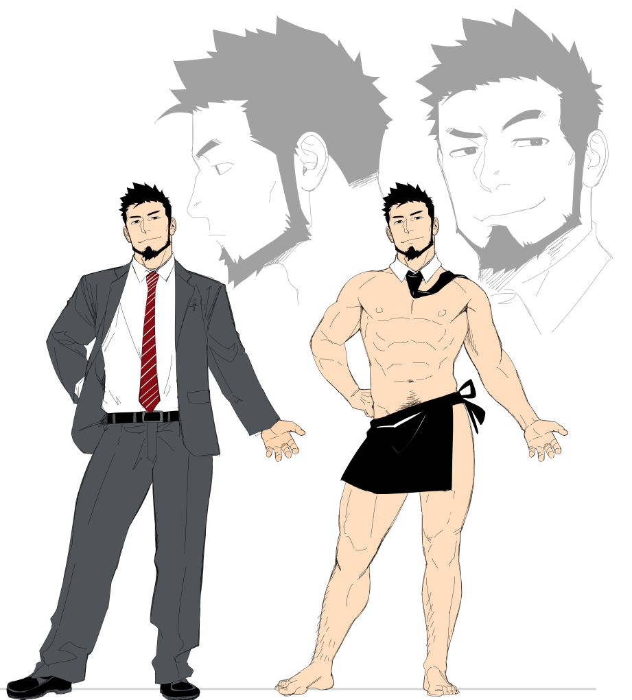 1boy abs apron bara belt biceps black_apron black_belt black_hair facial_hair goatee grey_pants itto_(mentaiko) looking_at_viewer looking_to_the_side male_focus muscular muscular_male naked_apron original pants pectorals raised_eyebrow red_tie sketch smile suit thick_eyebrows thighs