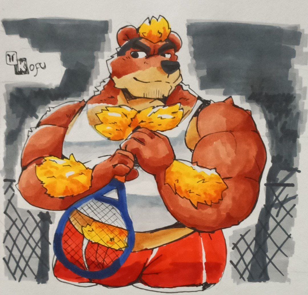 anthro bear belly blonde_hair brown_body brown_fur bulge clothing fur hair harold_grifter kofu_grizzly_chubby male mammal muscular pubes racket red_clothing solo traditional_media_(artwork) ursine visual_novel