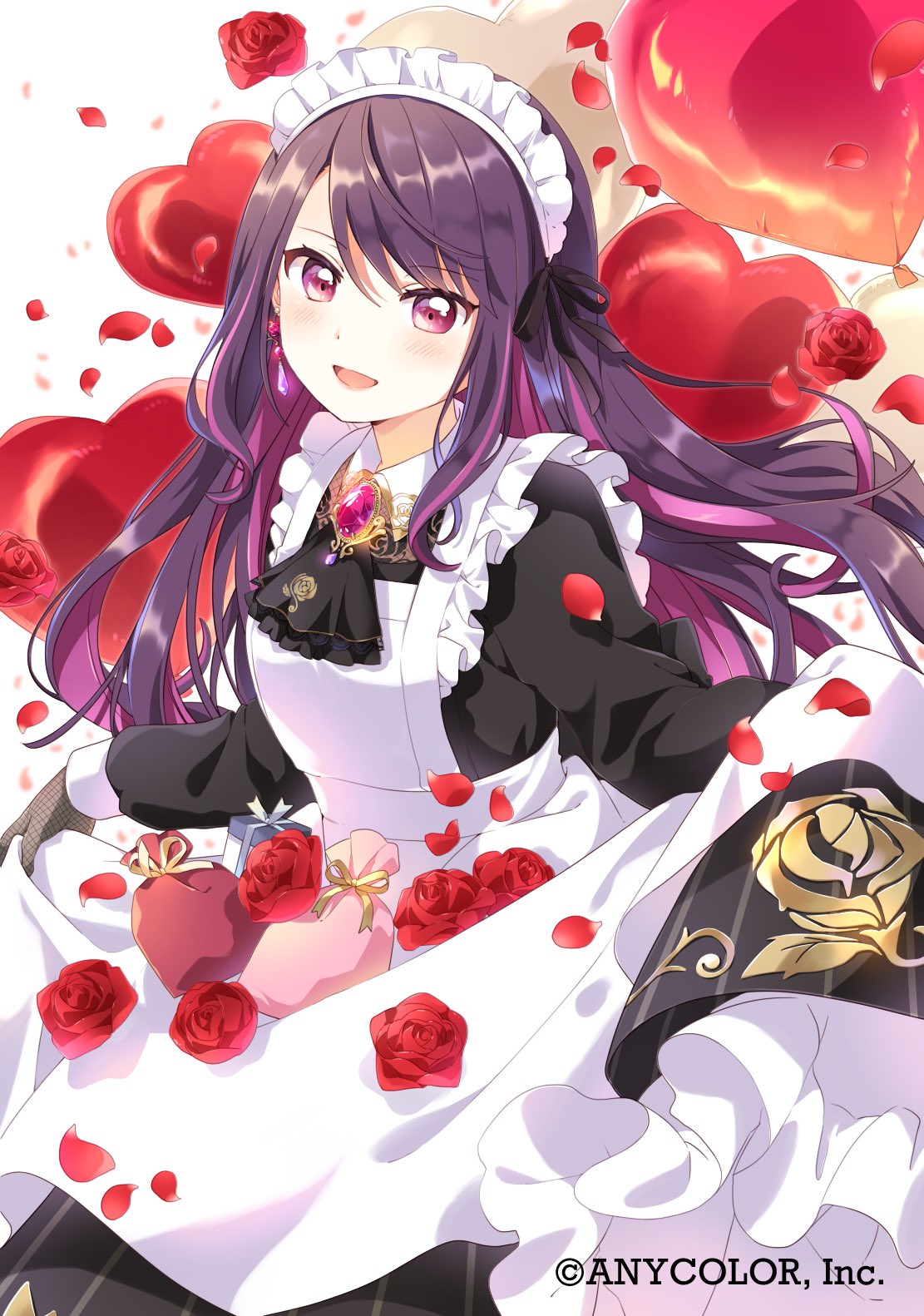 1girl :d alternate_costume alternate_hairstyle apron balloon blush box brooch clothes_lift colored_inner_hair copyright_name dot_nose dress falling_petals floral_print floral_print_dress flower gift gift_box gundou_mirei gundou_mirei_(6th_costume) heart heart_balloon highres jewelry looking_at_viewer maid maid_headdress multicolored_hair namori nijisanji official_alternate_costume official_alternate_hairstyle official_art petals pink_hair pouch purple_eyes purple_hair red_flower red_rose rose rose_petals skirt skirt_basket skirt_hold smile solo streaked_hair swept_bangs virtual_youtuber white_apron white_background