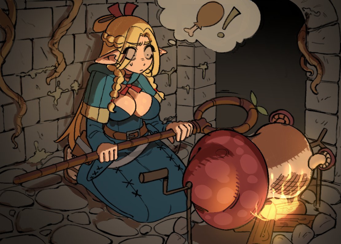 ! 1girl alternate_breast_size arch belt_pouch blonde_hair blue_capelet blue_robe braid breasts brick_wall campfire capelet choker cooking cosita_art dungeon dungeon_meshi ears_down elf french_braid grilling holding holding_staff hood hood_down hooded_capelet hungry imagining large_breasts long_hair long_sleeves marcille_donato multiple_braids mushroom on_ground parted_bangs pointy_ears pouch robe roots sandals seiza side_braid sitting skewer solo spoken_food sprout staff thought_bubble waiting walking_mushroom_(dungeon_meshi) wide-eyed