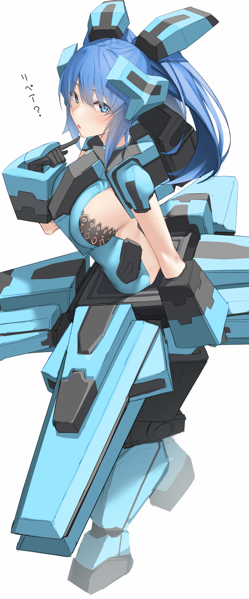 1girl :o black_gloves blue_eyes blue_hair blush breasts cosmic_break finger_to_own_chin full_body gloves headgear highres large_breasts lily_rain long_hair looking_at_viewer mecha_musume pallad parted_lips ponytail sideboob simple_background solo translation_request white_background