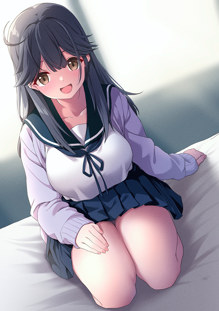 1girl awa_yume bed bed_sheet black_hair black_sailor_collar blue_skirt blush brown_eyes cardigan collarbone highres kantai_collection long_hair long_sleeves looking_at_viewer open_cardigan open_clothes open_mouth pleated_skirt purple_cardigan sailor_collar school_uniform serafuku skirt smile solo ushio_(kancolle)