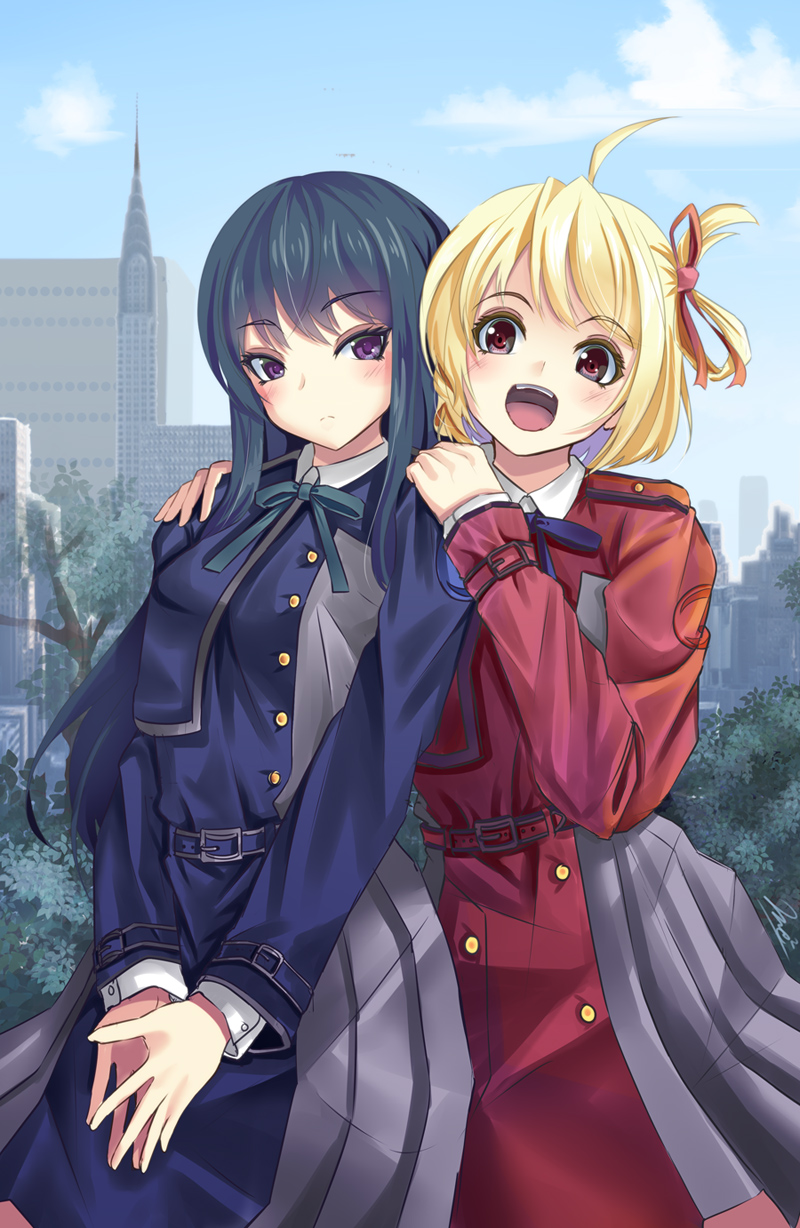 2girls :d bangs black_hair blonde_hair blue_dress blue_sky bow building cloud commentary_request day dress green_bow grey_dress hair_ribbon hands_on_another's_shoulders highres inoue_takina long_hair long_sleeves looking_at_viewer lycoris_recoil lycoris_uniform multiple_girls nishikigi_chisato outdoors pleated_dress purple_eyes red_dress red_eyes red_ribbon ribbon sky smile steepled_fingers tower two-tone_dress very_long_hair yumibakama_meme