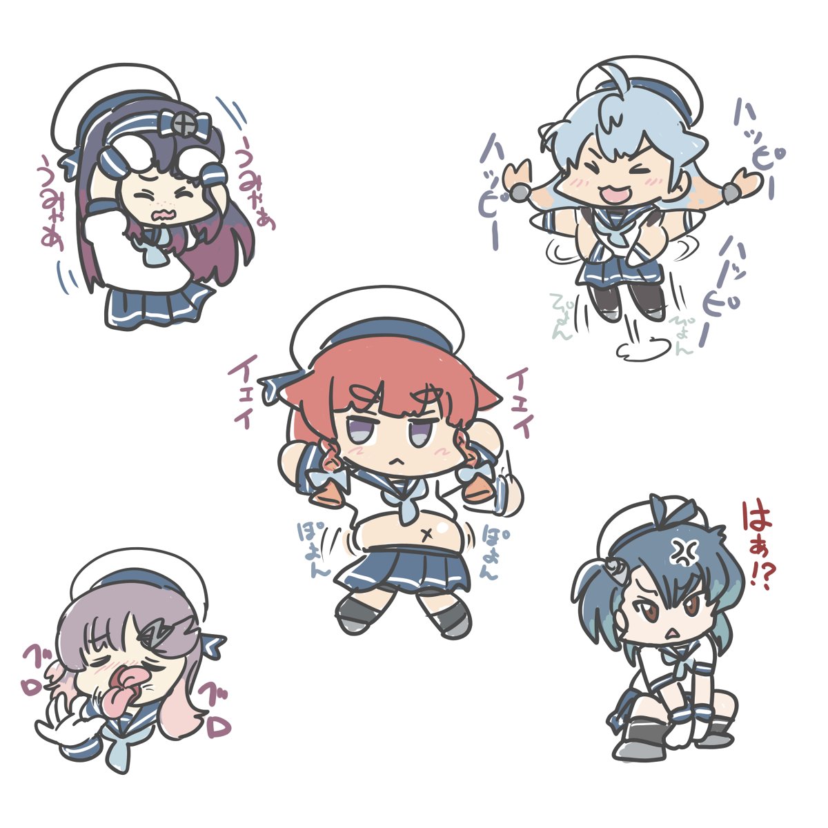 :3 anger_vein black_hair blue_hair blue_skirt chibi closed_eyes etorofu_(kancolle) ferret-san fukae_(kancolle) full_body gradient_hair hands_on_own_head happy_happy_happy_cat_(meme) hat highres jumping kantai_collection matsuwa_(kancolle) meme meme_request multicolored_hair pleated_skirt purple_hair red_hair sado_(kancolle) sailor_collar sailor_hat sailor_shirt school_uniform serafuku shirt short_hair simple_background skirt smile tongue tongue_out tsushima_(kancolle) white_background white_headwear white_shirt x_navel