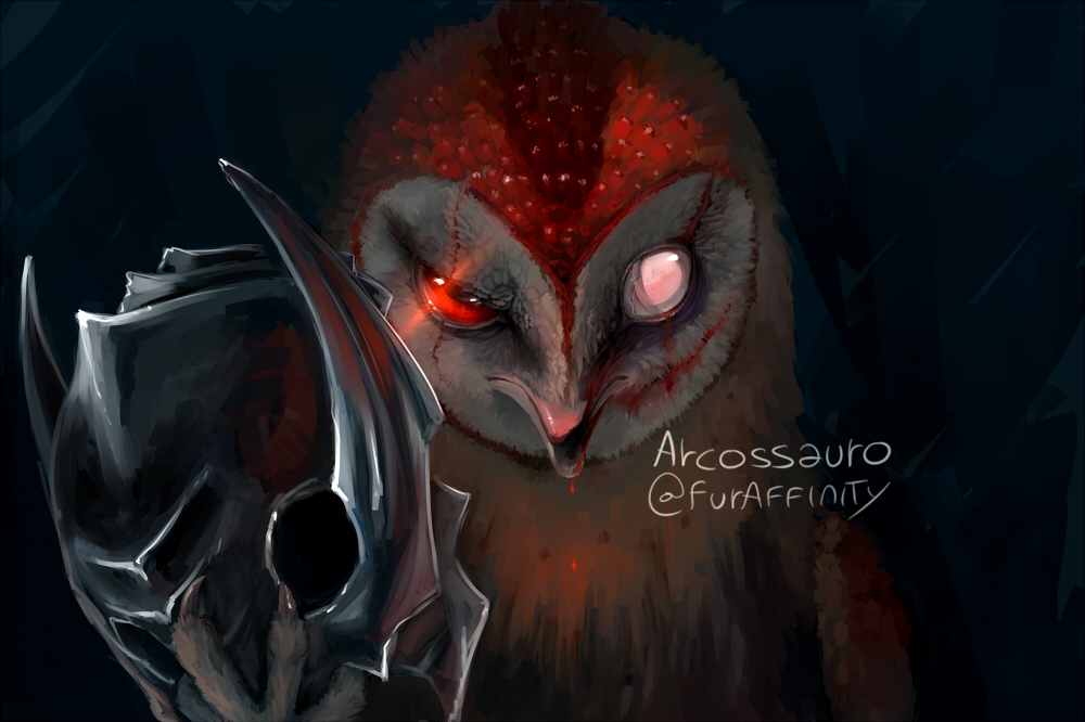 arcossauro armor avian barn_owl bird black_background blind_eye blood bodily_fluids claws feathers feral guardians_of_ga'hoole headgear helmet kludd looking_at_viewer male masked_owl owl red_eyes scar simple_background solo toe_claws tytonid