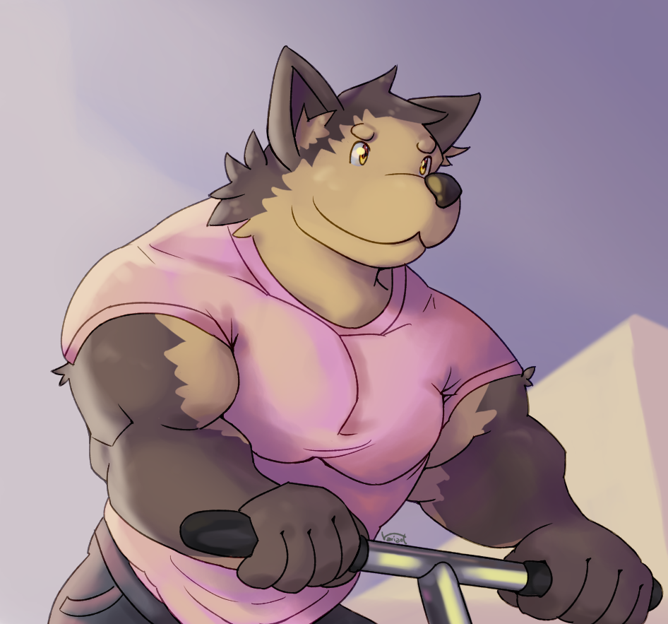 2016 5_fingers anthro biceps brown_body brown_fur canid canine canis digital_media_(artwork) exercise eyebrows fingers fur inside looking_away male mammal muscular muscular_anthro muscular_male pecs solo viridianvariant wolf yellow_eyes