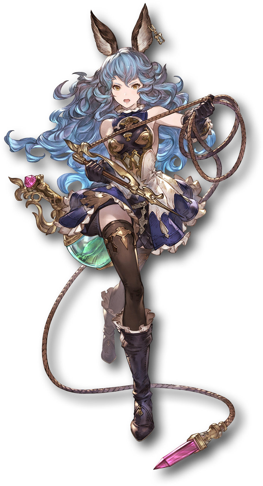 1girl bare_shoulders blue_hair boots breasts brown_eyes dress earrings elbow_gloves erune ferry_(granblue_fantasy) full_body gloves gold_trim granblue_fantasy granblue_fantasy_versus highres holding holding_weapon holding_whip jewelry knee_boots long_hair looking_at_viewer minaba_hideo official_art open_mouth pleated_skirt short_dress skirt sleeveless sleeveless_dress small_breasts solo thighhighs transparent_background weapon whip zettai_ryouiki