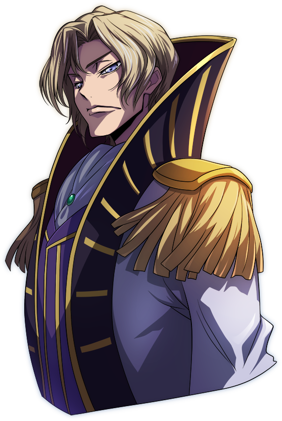 1boy arm_at_side artist_request ascot blonde_hair blue_eyes closed_mouth code_geass code_geass:_lost_stories cropped_torso epaulettes gem green_gemstone hair_intakes high_collar jacket looking_at_viewer male_focus non-web_source official_art purple_vest schneizel_el_britannia short_hair sidelocks simple_background solo standing transparent_background upper_body v-shaped_eyebrows vest white_ascot white_jacket