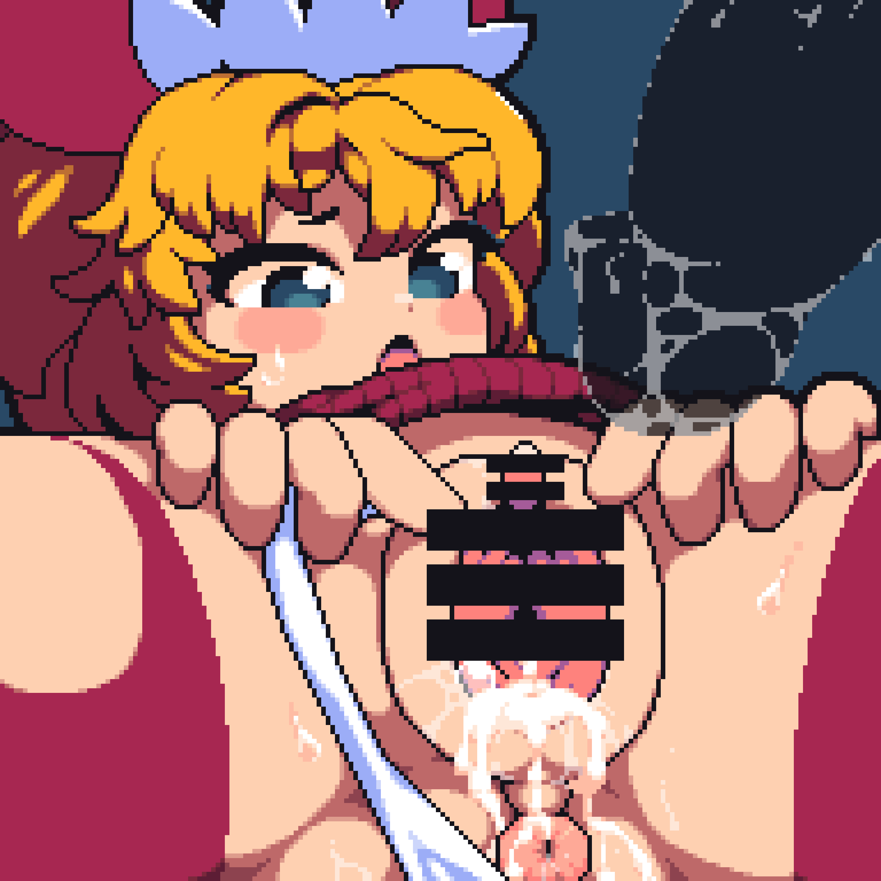 1boy 1girl absurdres after_sex after_vaginal anus bar_censor blank_censor blonde_hair blue_background blue_eyes blush censored commentary_request cookie_(touhou) cum cum_in_pussy erect_clitoris highres medium_bangs open_mouth penis pussy shiriri_saikyo short_hair solo_focus spread_pussy sunny_milk tonchamon_san touhou