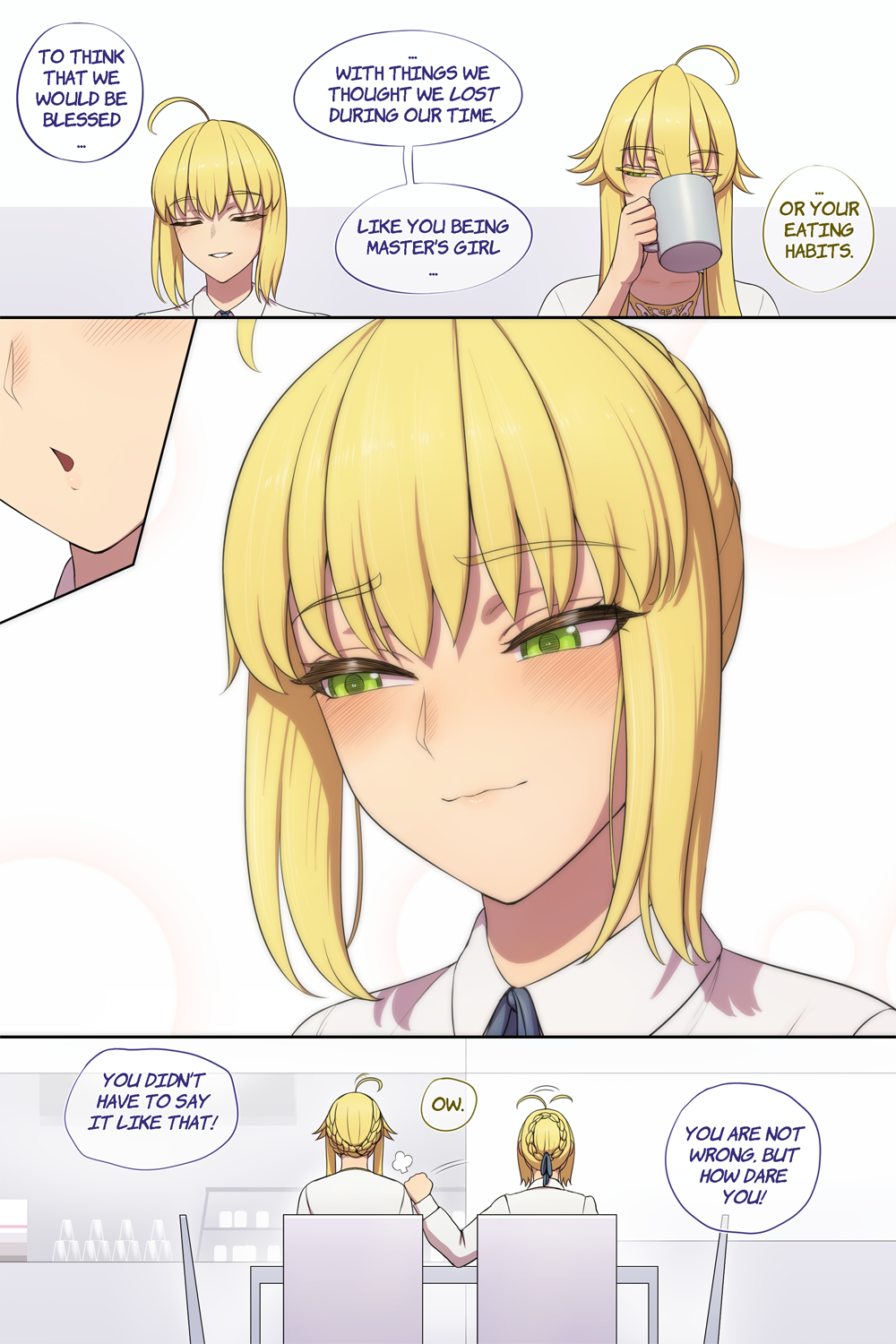 2girls ahoge artoria_pendragon_(fate) artoria_pendragon_(lancer)_(fate) bad_source blonde_hair braid breasts english_text fate/grand_order fate_(series) french_braid green_eyes highres large_breasts long_hair lvl_(sentrythe2310) multiple_girls saber_(fate) sidelocks speech_bubble