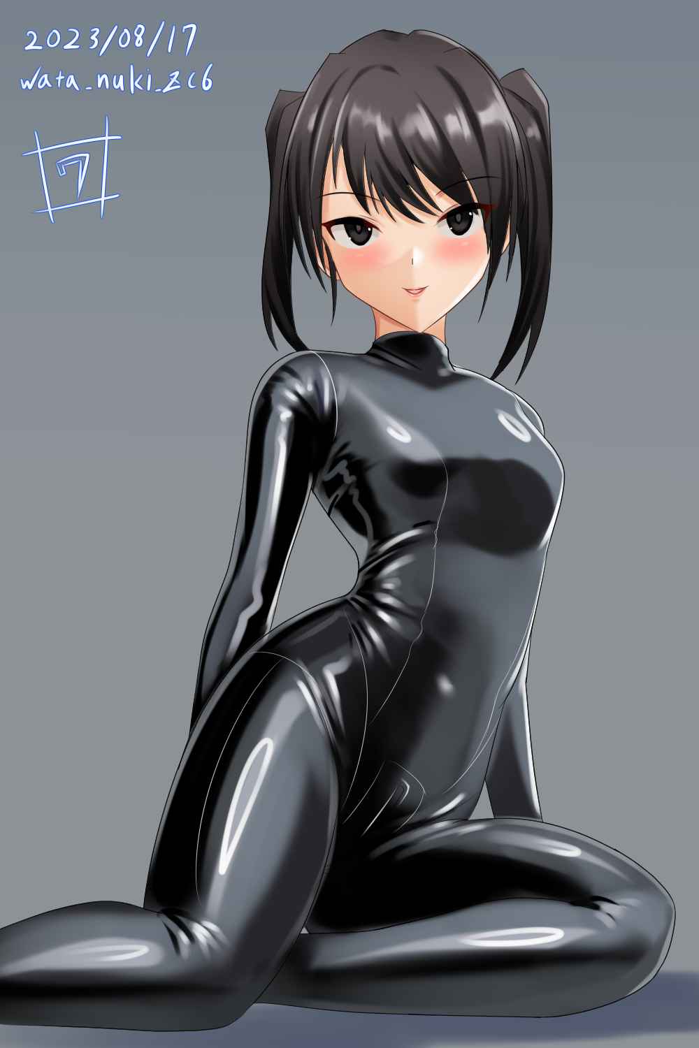 1girl arm_support arms_behind_back artist_name black_bodysuit black_eyes black_hair blush bodysuit breasts catsuit commentary crotch_zipper dated grey_background highres kantai_collection latex latex_bodysuit long_sleeves looking_at_viewer medium_breasts medium_hair parted_lips sendai_(kancolle) shadow signature simple_background sitting skin_tight smile solo twitter_username two_side_up wata_nuki yokozuwari zipper