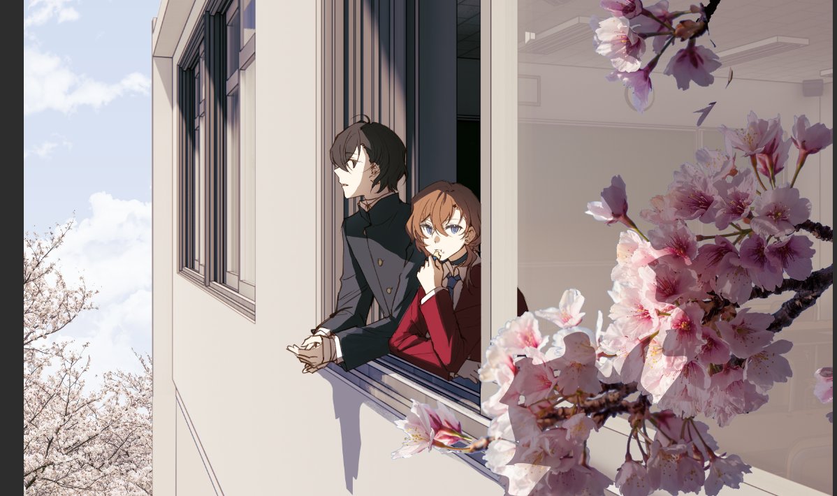1boy 1girl :t ahoge arm_support black_eyes black_hair black_jacket blazer blue_eyes blue_necktie building buttons cherry_blossoms chewing classroom cloud cloudy_sky collared_jacket collared_shirt food gakuran holding holding_food jacket kleinlight leaning_out_of_window long_sleeves looking_ahead looking_at_viewer looking_outside medium_hair necktie open_mouth open_window orange_hair original own_hands_together photoshop_(medium) profile red_jacket school school_uniform shirt short_hair sidelocks sky upper_body white_shirt window