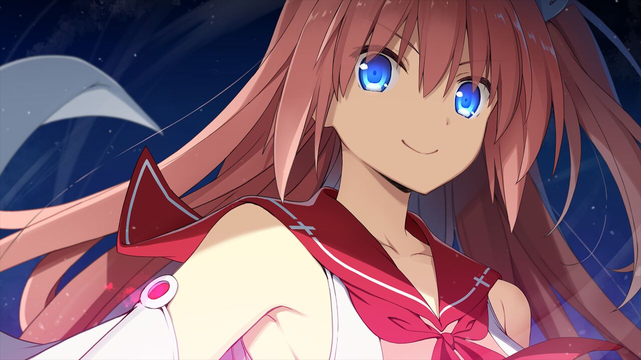 1girl ao_no_kanata_no_four_rhythm bangs blue_background blue_eyes closed_mouth collarbone collared_shirt floating_hair game_cg hair_between_eyes kurashina_asuka long_hair looking_at_viewer neckerchief pink_hair portrait red_neckerchief red_sailor_collar sailor_collar sailor_shirt shiny shiny_hair shirt sleeveless sleeveless_shirt smile solo suzumori very_long_hair white_shirt