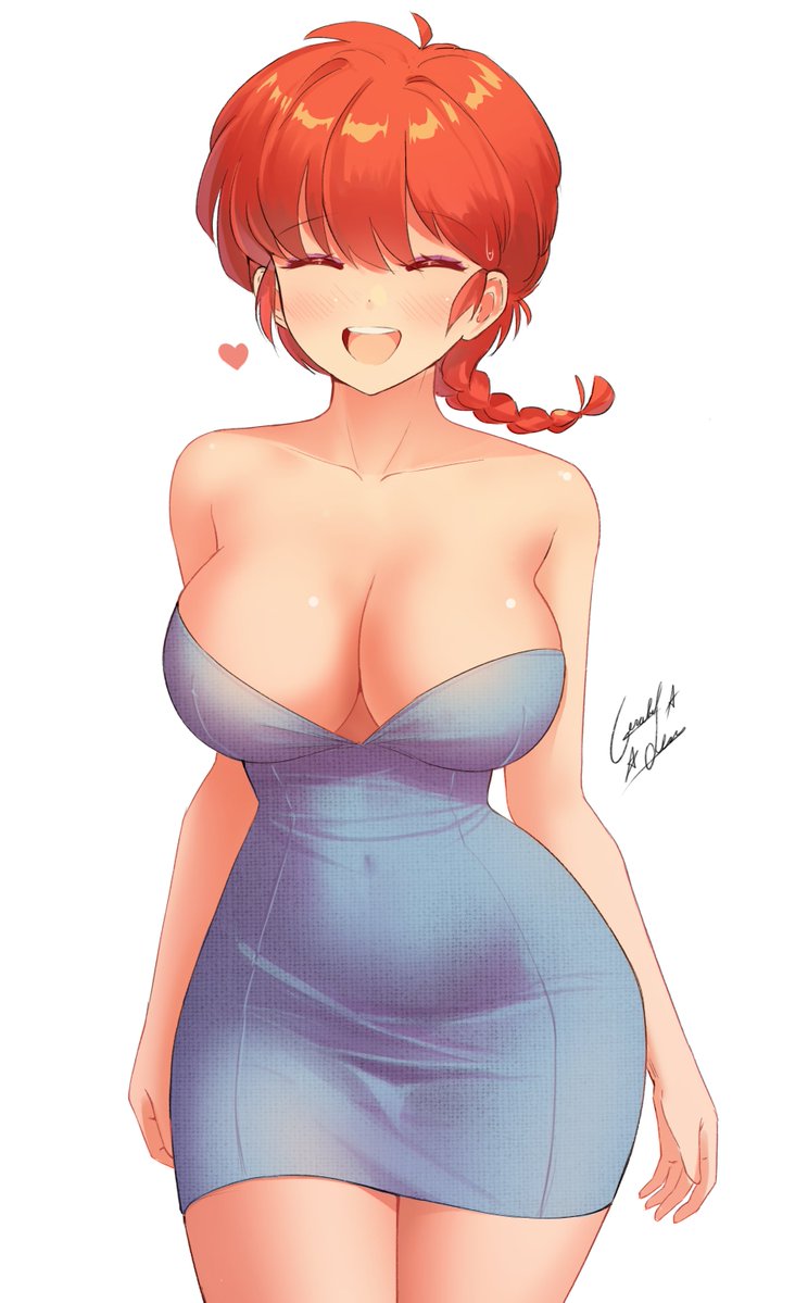 1girl ahoge armpit_crease bare_arms bare_shoulders blue_dress braid braided_ponytail breasts closed_eyes collarbone commentary covered_navel cowboy_shot dot_nose dress facing_viewer floating_hair geraldjess1 heart large_breasts legs_together light_blush open_mouth ranma-chan ranma_1/2 red_hair signature simple_background single_braid smile solo spanish_commentary standing strapless strapless_dress sweatdrop taut_clothes taut_dress teeth upper_teeth_only white_background wide_hips