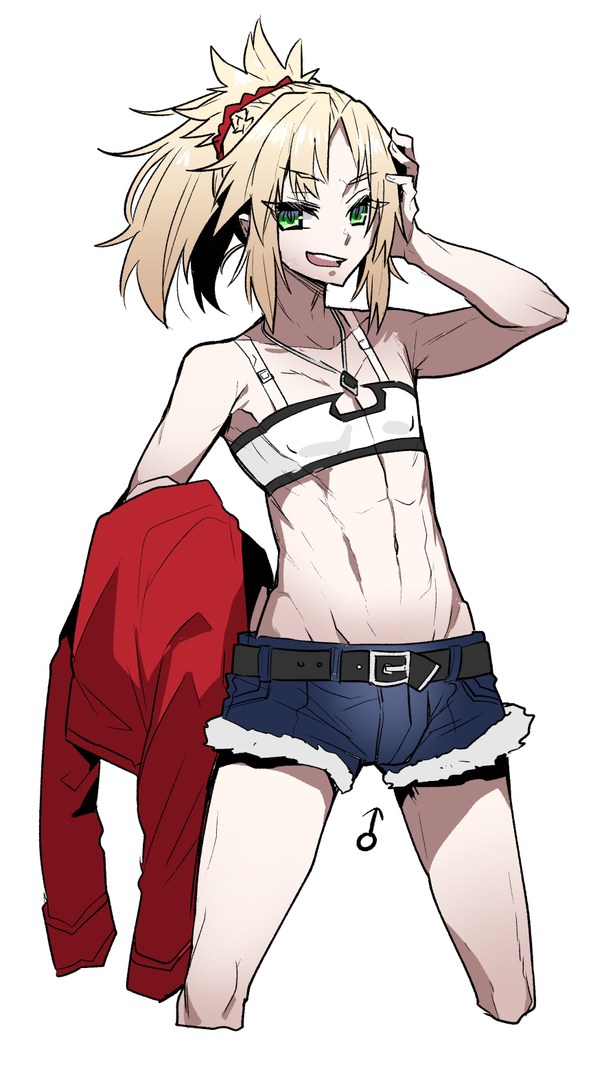 1boy abs androgynous arrow_(symbol) bandeau belt belt_buckle black_belt blonde_hair blue_shorts buckle bulge covered_nipples cowboy_shot cutoffs denim denim_shorts fate/apocrypha fate_(series) genderswap genderswap_(ftm) green_eyes hair_ornament hair_scrunchie hand_on_own_head hand_up haoro highres holding holding_clothes holding_jacket jacket jewelry male_focus mars_symbol medium_hair micro_shorts mordred_(fate) mordred_(fate/apocrypha) mordred_(memories_at_trifas)_(fate) necklace open_mouth parted_bangs pendant ponytail red_jacket red_scrunchie scrunchie short_shorts shorts sidelocks simple_background solo strapless teeth toned toned_male tube_top unworn_jacket upper_teeth_only white_background white_bandeau