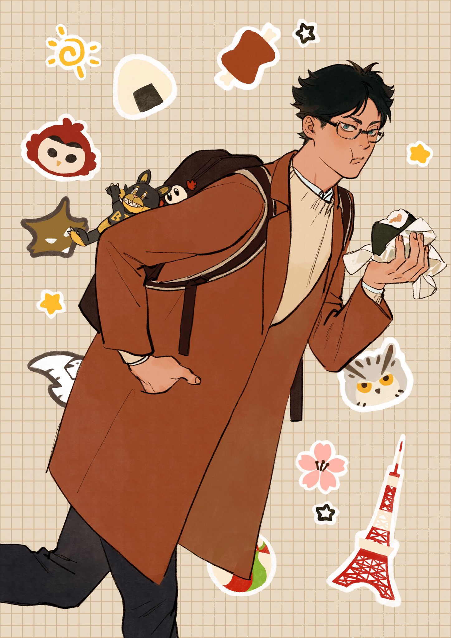 1boy :t akaashi_keiji animal_sticker backpack bag bag_charm bird black_hair blue_eyes boned_meat brown_background brown_bag brown_coat brown_sweater charm_(object) chengongzi123 cherry_blossoms closed_mouth coat collared_coat commentary eating food glasses grid_background haikyuu!! hand_in_pocket hand_up highres holding holding_food long_sleeves looking_at_viewer male_focus meat onigiri owl short_hair star_(symbol) sticker stuffed_animal stuffed_toy sweater symbol-only_commentary very_short_hair volleyball