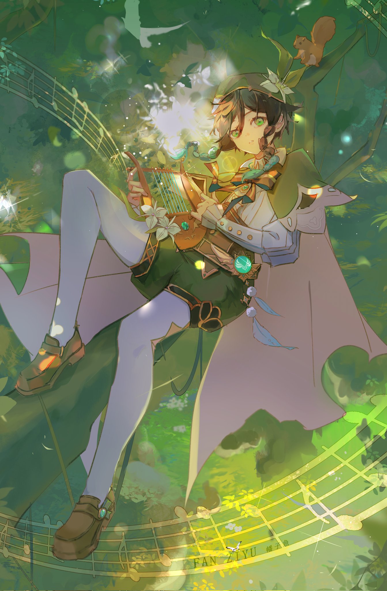 1boy anemo_symbol_(genshin_impact) bird bow bowtie brown_footwear cape collared_shirt efanziyu flower frilled_shirt frilled_sleeves frills genshin_impact green_beret green_cape green_headwear green_shorts hat hat_flower highres holding_harp in_tree long_sleeves lying musical_note nature on_back outdoors pantyhose playing_harp shirt shorts solo tree venti_(genshin_impact) vision_(genshin_impact) white_flower white_pantyhose white_shirt