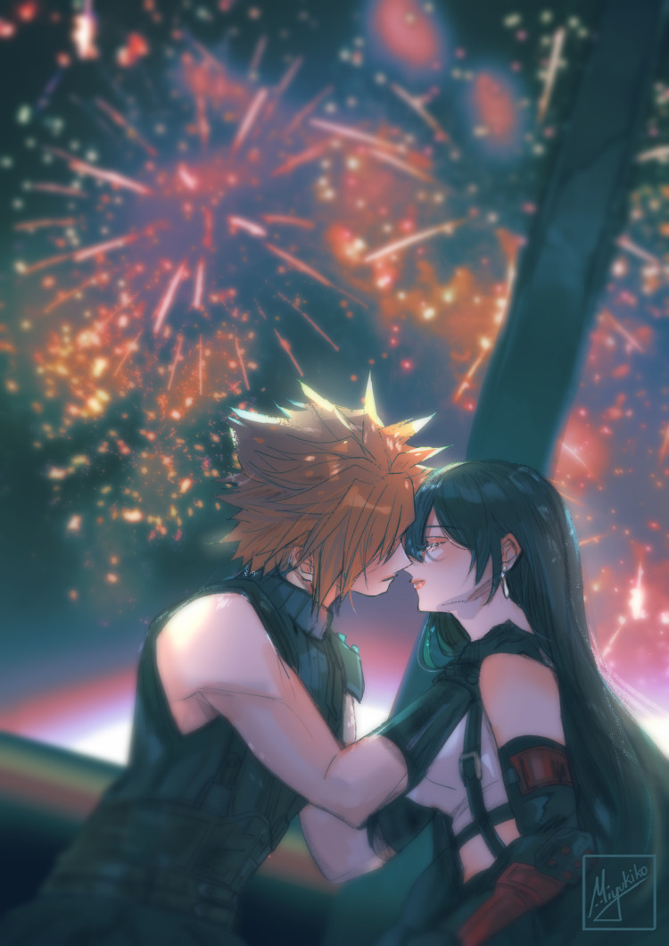 1boy 1girl aerial_fireworks armor bare_shoulders black_gloves black_hair black_skirt blonde_hair blurry blurry_background blush breasts closed_mouth cloud_strife commentary couple crop_top ear_blush earrings facing_another final_fantasy final_fantasy_vii final_fantasy_vii_rebirth final_fantasy_vii_remake fireworks gloves gondola hand_on_another's_shoulder imminent_kiss jewelry large_breasts lips long_hair midriff miyukiko night night_sky ribbed_sweater short_hair shoulder_armor signature single_arm_guard single_bare_shoulder single_earring sitting skirt sky sleeveless sleeveless_turtleneck spiked_hair suspender_skirt suspenders sweater tank_top tifa_lockhart turtleneck turtleneck_sweater upper_body white_tank_top
