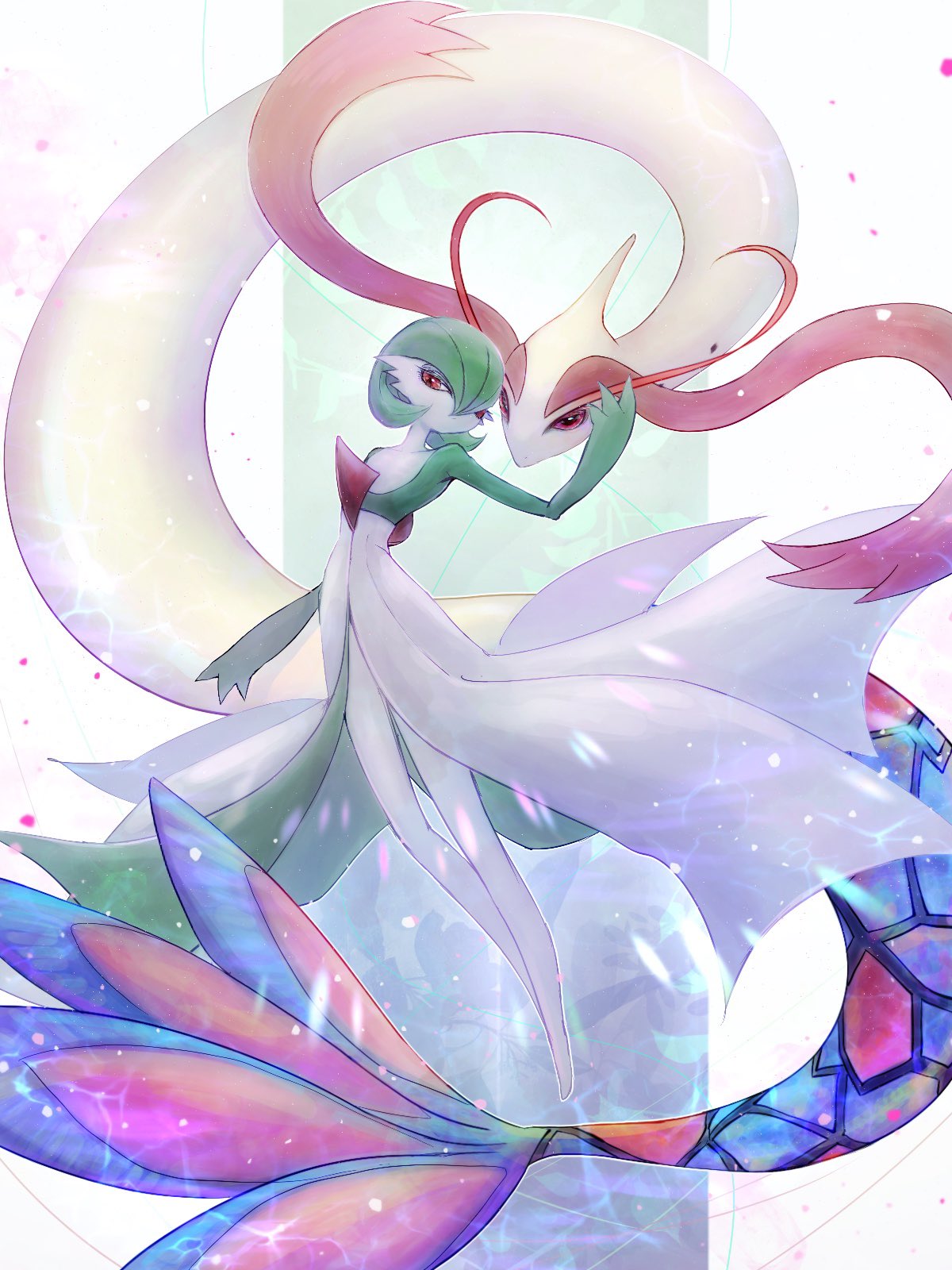 colored_skin dress forked_tail gardevoir green_hair gumilask hair_over_one_eye hand_on_another's_face highres looking_at_viewer milotic pink_eyes pokemon pokemon_(creature) scales tail underwater white_dress white_skin