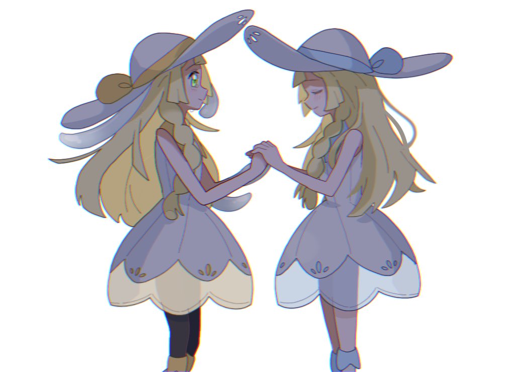 2girls bare_shoulders black_pantyhose blonde_hair braid closed_eyes closed_mouth dress green_eyes hat holding_hands lillie_(nihilego) lillie_(pokemon) long_hair looking_at_another multiple_girls nihilego pantyhose pokemon pokemon_(anime) pokemon_journeys seiun_(hoshigumo_72) smile tearing_up twin_braids white_background white_dress white_headwear