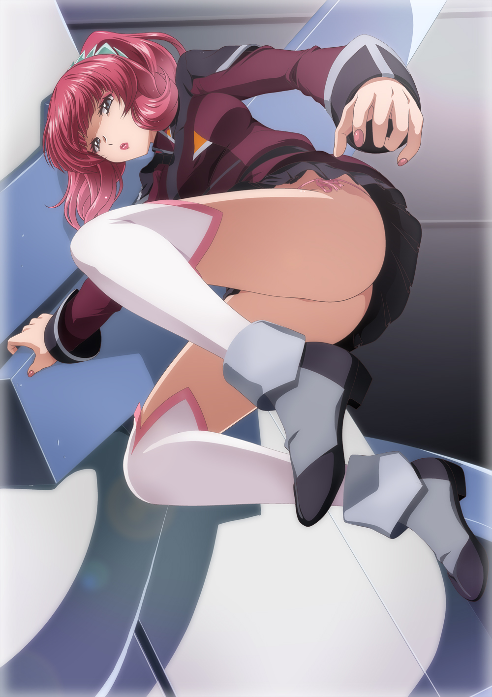 1girl agnes_giebenrath commentary_request grey_eyes gundam gundam_seed gundam_seed_freedom hair_ornament hair_scrunchie handrail highres holding jacket kaname_aomame kneehighs lipstick long_sleeves looking_at_viewer makeup miniskirt panties partial_commentary ponytail red_hair scrunchie shoes side-tie_panties skirt socks solo underwear zaft_uniform