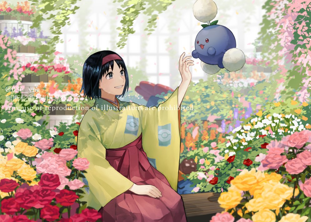 1girl bench black_hair commentary_request commission erika_(pokemon) eyelashes flower grey_eyes grin hairband hakama hand_up japanese_clothes jumpluff kimono looking_up pink_flower poke_ball_print pokemon pokemon_(creature) pokemon_frlg red_flower red_hairband red_hakama short_hair sitting smile teeth twitter_username watermark wide_sleeves y_(036_yng)