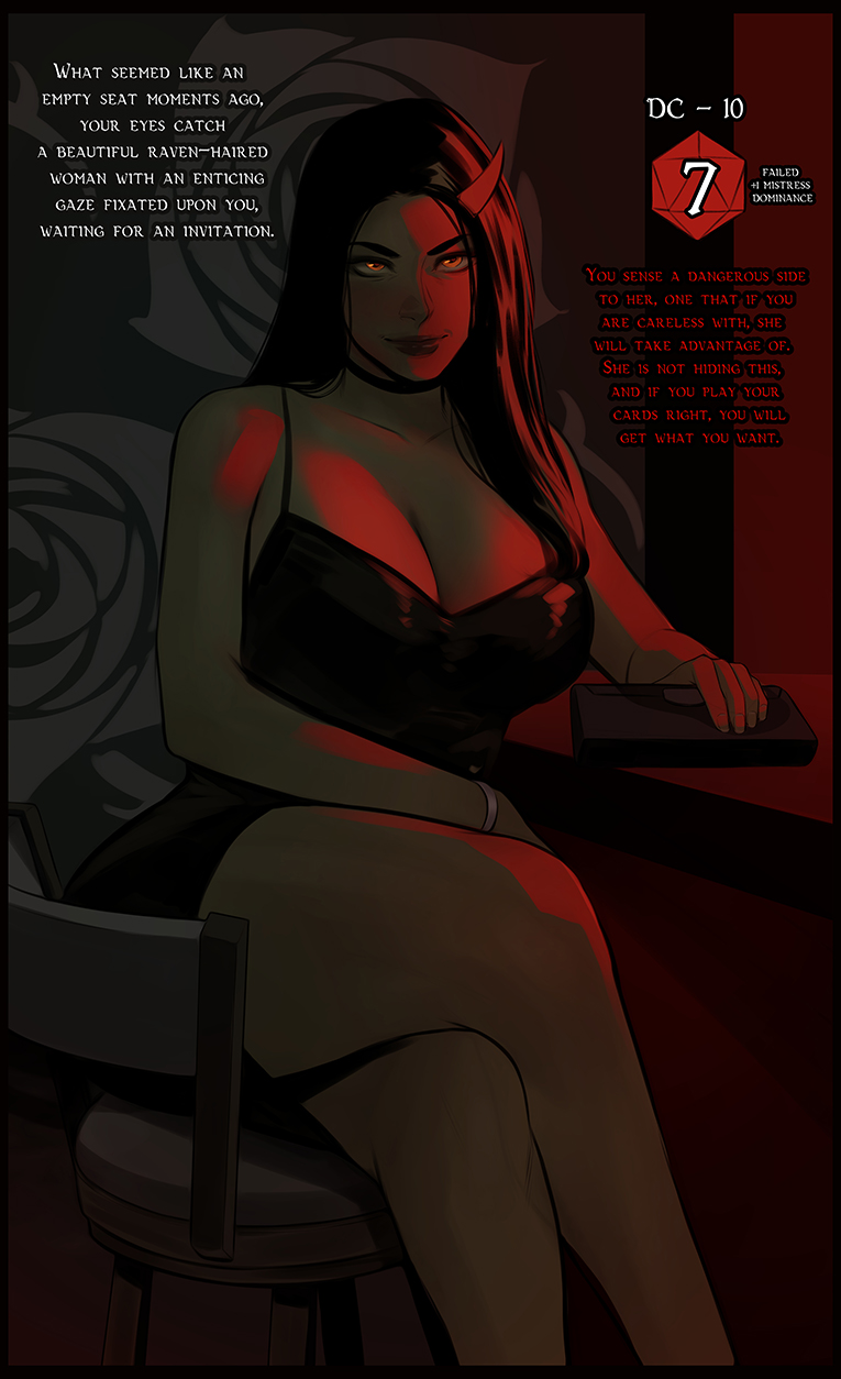 1girl bare_arms bare_shoulders black_dress black_hair bracelet breasts cherry-gig cleavage crossed_legs dice dress english_text failure glowing glowing_eyes highres horns jewelry large_breasts long_hair looking_at_viewer original single_horn sitting smile solo