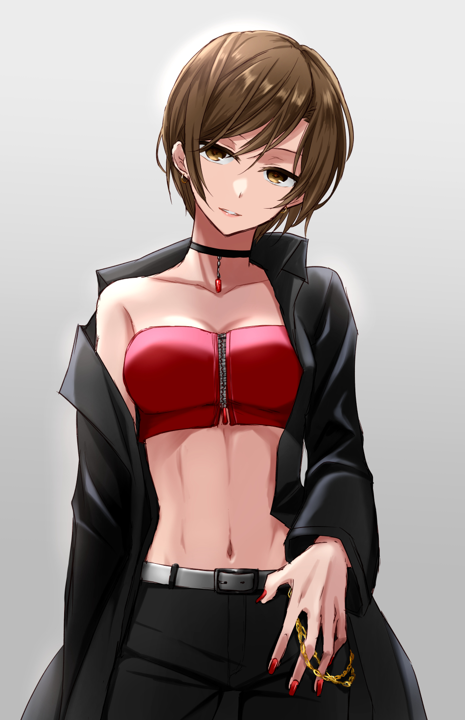 1girl black_choker black_coat black_pants breasts brown_eyes brown_hair choker cleavage coat collarbone earrings facing_viewer grey_background hand_in_pocket highres jewelry looking_at_viewer medium_breasts meiko_(vocaloid) midriff navel off_shoulder open_clothes open_coat pants parted_lips red_nails short_hair smile solo sorano_namida standing strapless tube_top upper_body vocaloid zipper