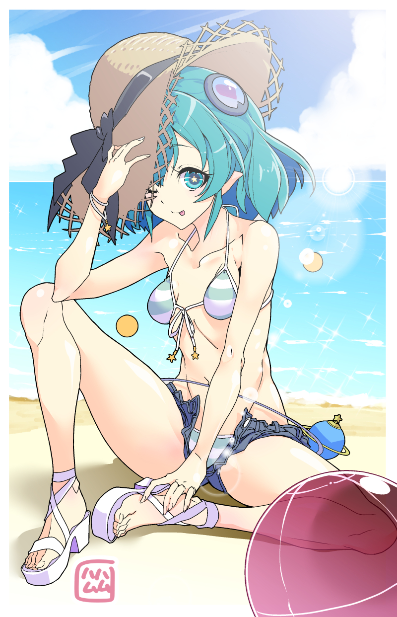 1girl ;p ball bare_arms bare_legs beach beachball bikini black_ribbon blue_eyes blue_hair bracelet breasts brown_headwear bun_cover cleavage cloud collarbone day denim denim_shorts front-tie_bikini_top front-tie_top full_body grey_shorts groin hagoromo_lala halterneck hamuhamu hat hat_ribbon highres jewelry long_hair looking_at_viewer micro_shorts navel ocean one_eye_closed open_clothes open_shorts outdoors pointy_ears precure ribbon shiny shiny_hair shorts sitting small_breasts solo sparkle star-shaped_pupils star_(symbol) star_twinkle_precure straw_hat striped striped_bikini summer sun_hat swimsuit symbol-shaped_pupils tongue tongue_out white_ribbon