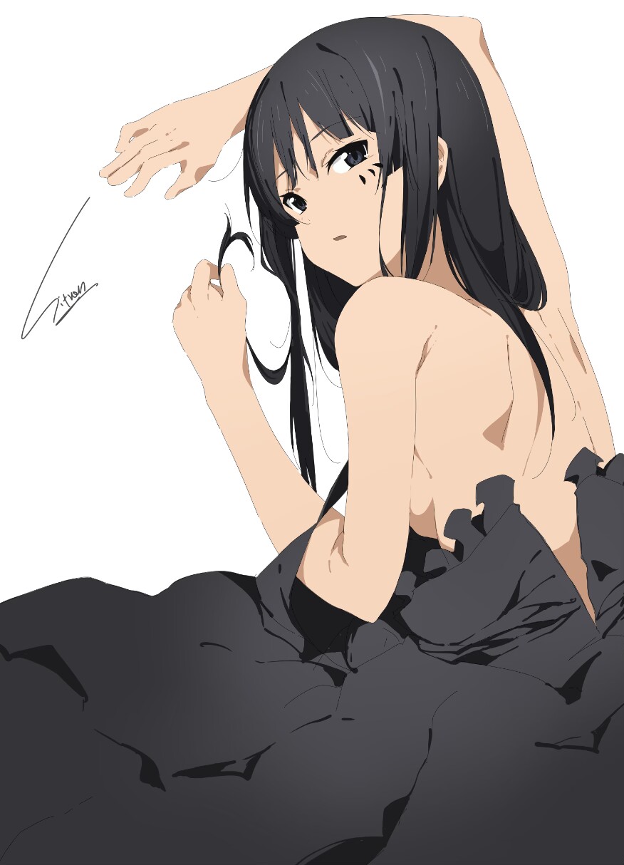 1girl akiyama_mio arm_up artist_name black_eyes black_hair breasts clothes_pull don't_say_"lazy" dress dress_pull frilled_dress frills from_behind hand_up highres holding holding_hair k-on! long_hair looking_at_viewer looking_back no_bra official_alternate_costume parted_lips simple_background sitnon solo watermark white_background