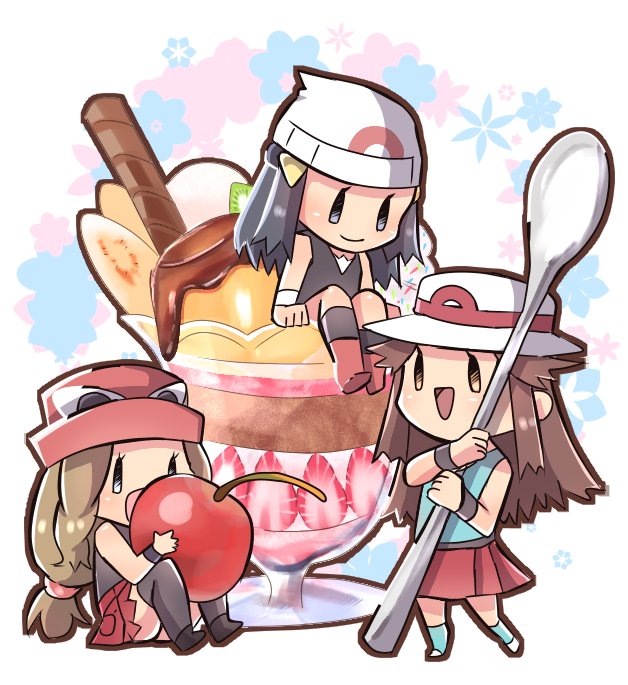 3girls :d beanie black_hair brown_eyes brown_hair cherry chibi closed_mouth cup dawn_(pokemon) eyewear_on_headwear floral_background food fruit glass hat holding holding_spoon leaf_(pokemon) medium_hair multiple_girls ngo_(ngo_hotategoya) parfait pokemon pokemon_dppt pokemon_frlg pokemon_platinum pokemon_xy pudding red_headwear red_skirt serena_(pokemon) sitting skirt smile spoon standing strawberry sunglasses wafer_stick white-framed_eyewear white_headwear