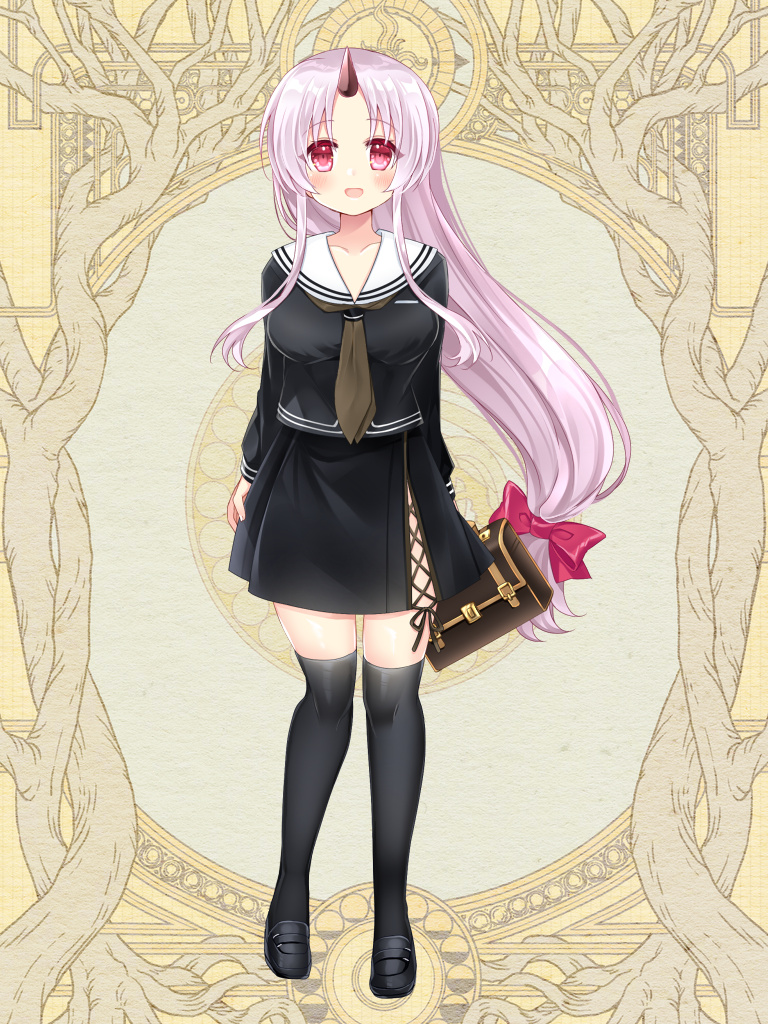 1girl :d araya_hikaru bag black_footwear black_serafuku black_skirt black_thighhighs blush bow breasts commission dairoku_ryouhei facing_viewer full_body hair_bow handbag horns long_hair looking_at_viewer low-tied_long_hair medium_breasts pink_bow pink_eyes school_uniform serafuku shikito shoes sidelocks single_horn skirt skirt_hold smile thighhighs very_long_hair yellow_background