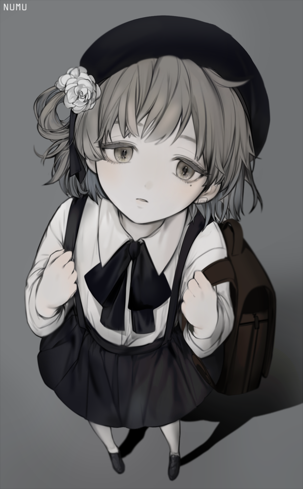 1girl bandaid_on_ear beret black_footwear black_headwear black_ribbon black_skirt briefcase collared_shirt commentary_request expressionless flower foreshortening full_body grey_background grey_eyes grey_hair half-closed_eyes hands_up hat hat_flower hat_ribbon hatoba_tsugu head_tilt holding_strap light_blush long_sleeves looking_at_viewer looking_up mole mole_under_eye numu_(numusama) pantyhose parted_lips ribbon rose school_briefcase shadow shirt shirt_tucked_in shoes short_hair shoulder_strap simple_background single_hair_ring skirt solo standing suspender_skirt suspenders tareme tsugu_(vtuber) virtual_youtuber white_flower white_pantyhose white_rose white_shirt