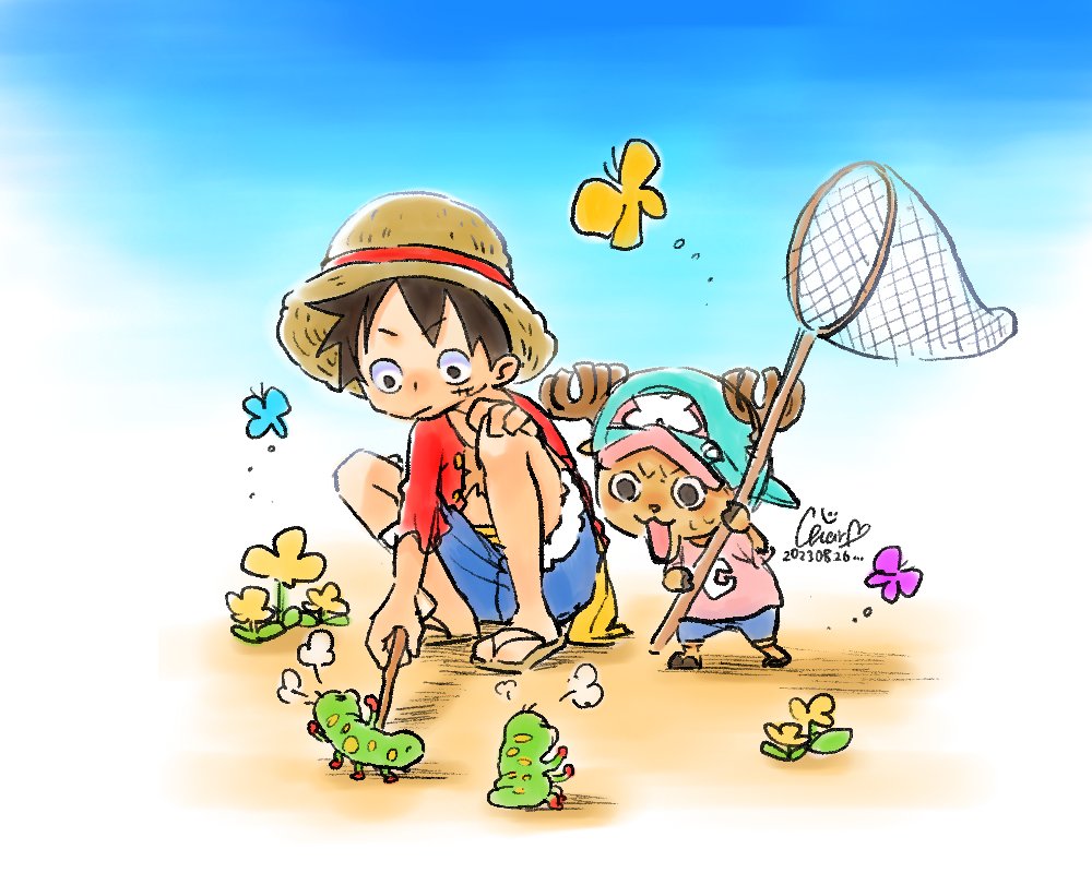 2boys antlers blue_shorts bug butterfly butterfly_net caterpillar chaa_(aoichar522_) flower hand_net hat holding holding_butterfly_net holding_stick horns looking_down male_focus monkey_d._luffy multiple_boys one_piece pink_shirt puff_of_air red_shirt reindeer_antlers sash scar scar_on_chest shirt shorts sky squatting stick straw_hat tony_tony_chopper yellow_sash