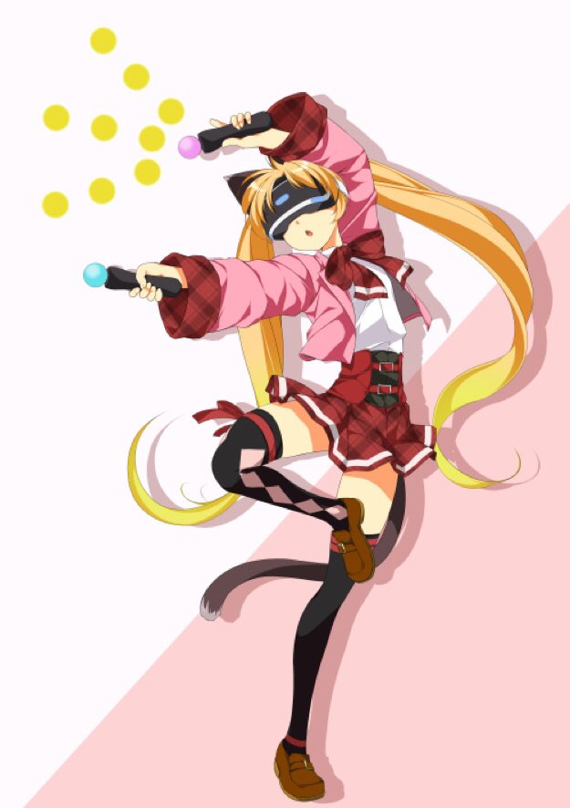 1girl animal_ears atelier-moo blonde_hair breasts cat_ears cat_tail full_body glasses head-mounted_display holding jpeg_artifacts long_hair long_sleeves machida_madoka machidake narrow_waist open_mouth plaid plaid_skirt playing playstation_vr skirt small_breasts solo standing standing_on_one_leg tail thighhighs thighs twintails zettai_ryouiki