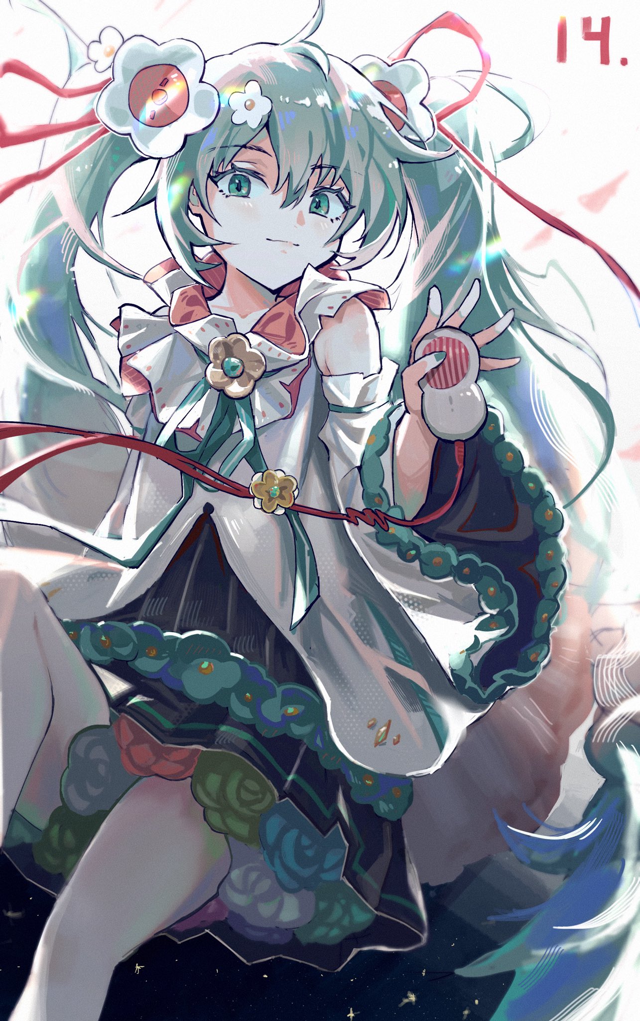 1girl backlighting blue_eyes blue_hair dress flower green_eyes hatsune_miku highres holding holding_microphone itooku looking_at_viewer magical_mirai_(vocaloid) magical_mirai_miku magical_mirai_miku_(2021) microphone multicolored_eyes twintails vocaloid vocaloid_boxart_pose white_background