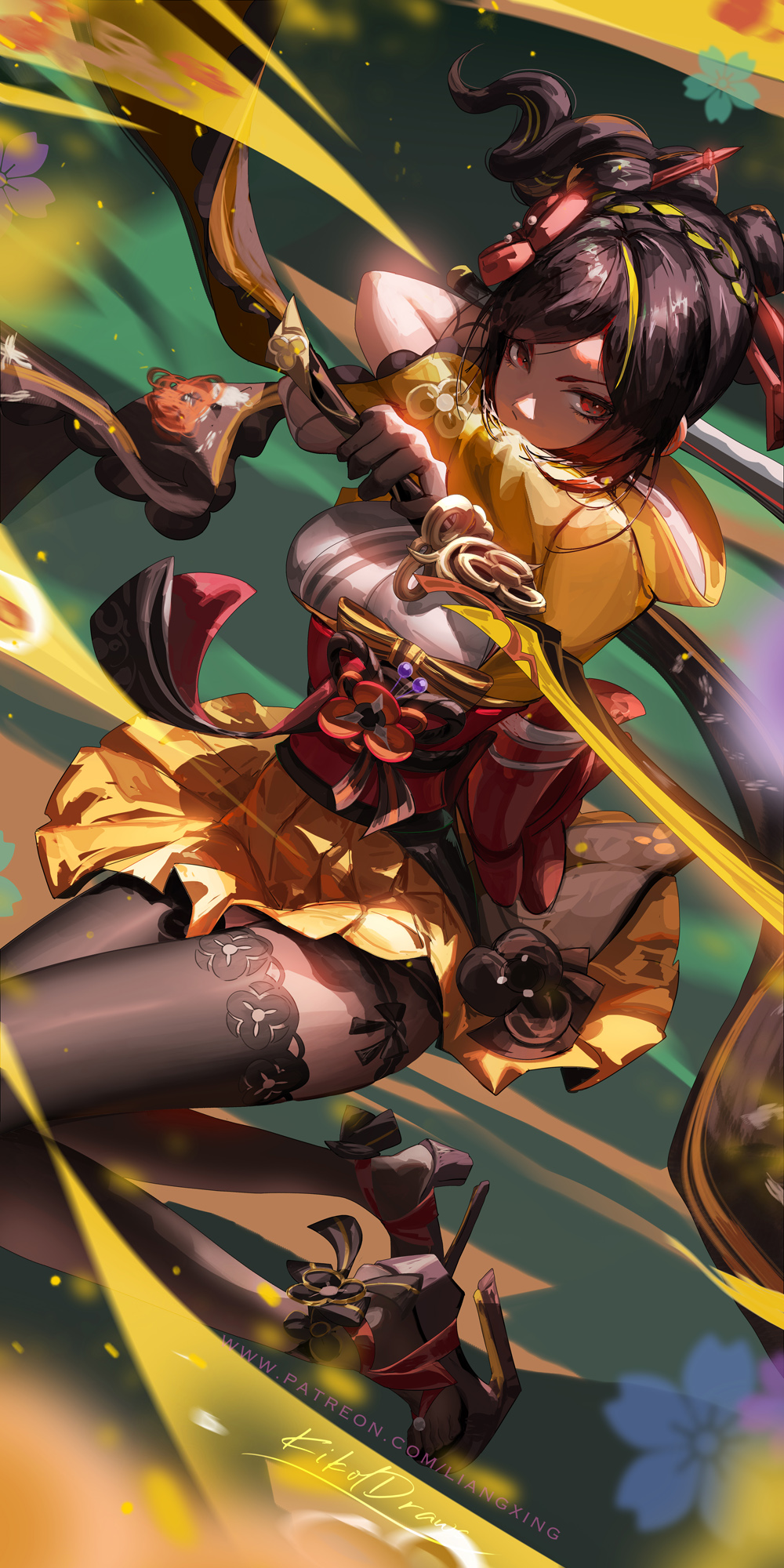 1girl artist_name black_footwear black_pantyhose breasts chiori_(genshin_impact) drill_hair drill_ponytail dual_wielding dutch_angle flower_(symbol) full_body genshin_impact green_background hair_ornament hair_stick high_heels highres holding holding_sword holding_weapon japanese_clothes kimono kneeling liang_xing light_particles light_trail looking_at_viewer medium_breasts multicolored_hair pantyhose patreon_username platform_footwear pleated_skirt red_eyes red_sash sash sidelocks skirt solo streaked_hair sword thighhighs thighhighs_over_pantyhose uraku_misugiri_(genshin_impact) weapon yellow_kimono yellow_skirt