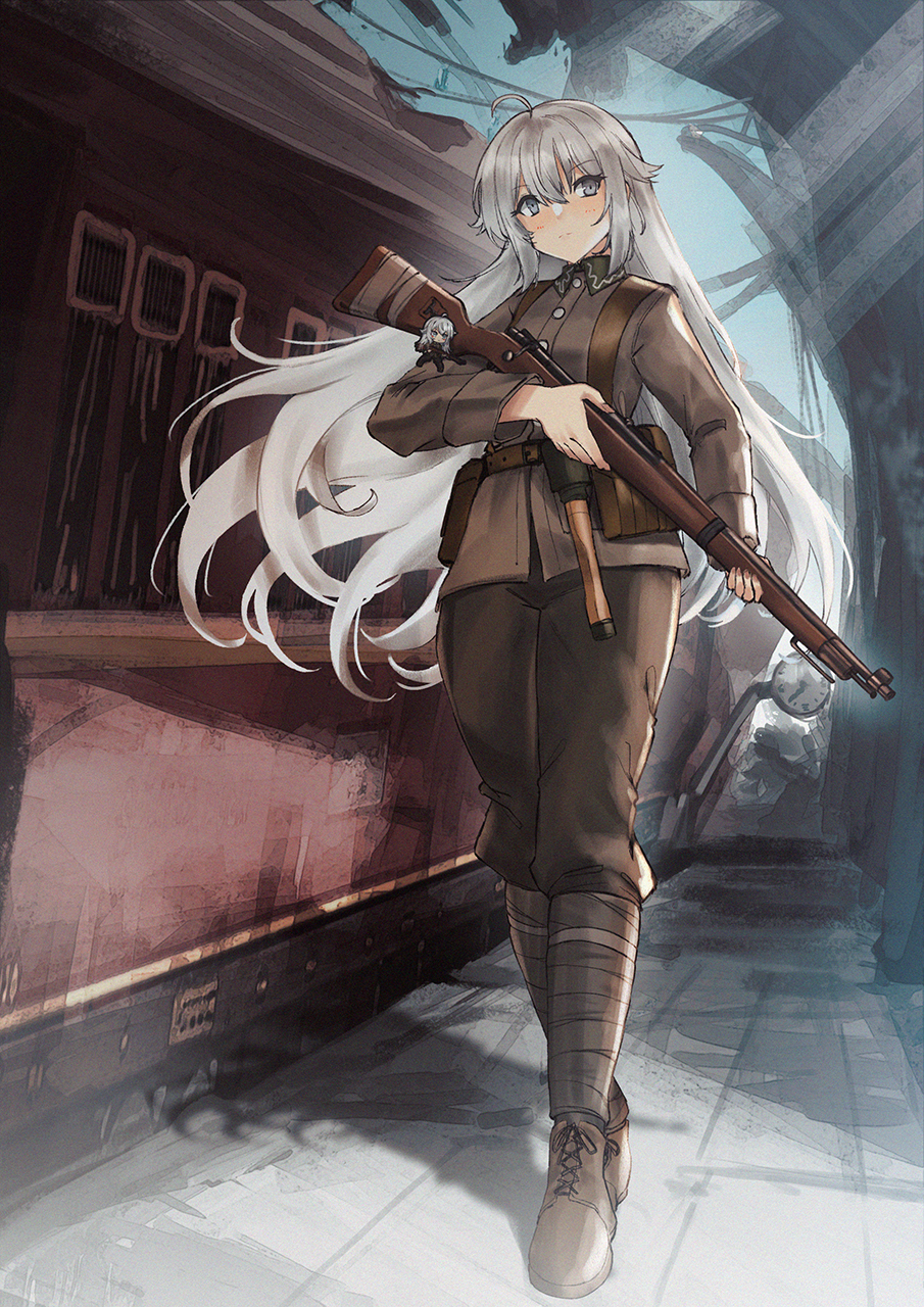 1girl bolt_action brown_pants charm_(object) commission explosive expressionless girls'_frontline grenade grey_hair grey_jacket gun highres jacket long_hair looking_at_viewer mauser_98 original pants persocon93 pixiv_commission rifle solo stielhandgranate very_long_hair weapon