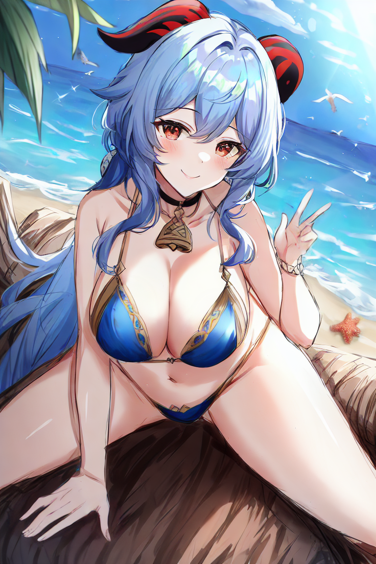 1girl alternate_costume alternate_eye_color armpit_crease bare_shoulders beach bell bikini bird blue_bikini blue_hair blush breasts ceris choker cleavage cowbell feet_out_of_frame ganyu_(genshin_impact) genshin_impact goat_horns horns large_breasts lens_flare long_hair looking_at_viewer midriff navel neck_bell ocean red_eyes red_horns sand seagull sitting spread_legs starfish stomach string_bikini swimsuit thick_thighs thighs tree v very_long_hair