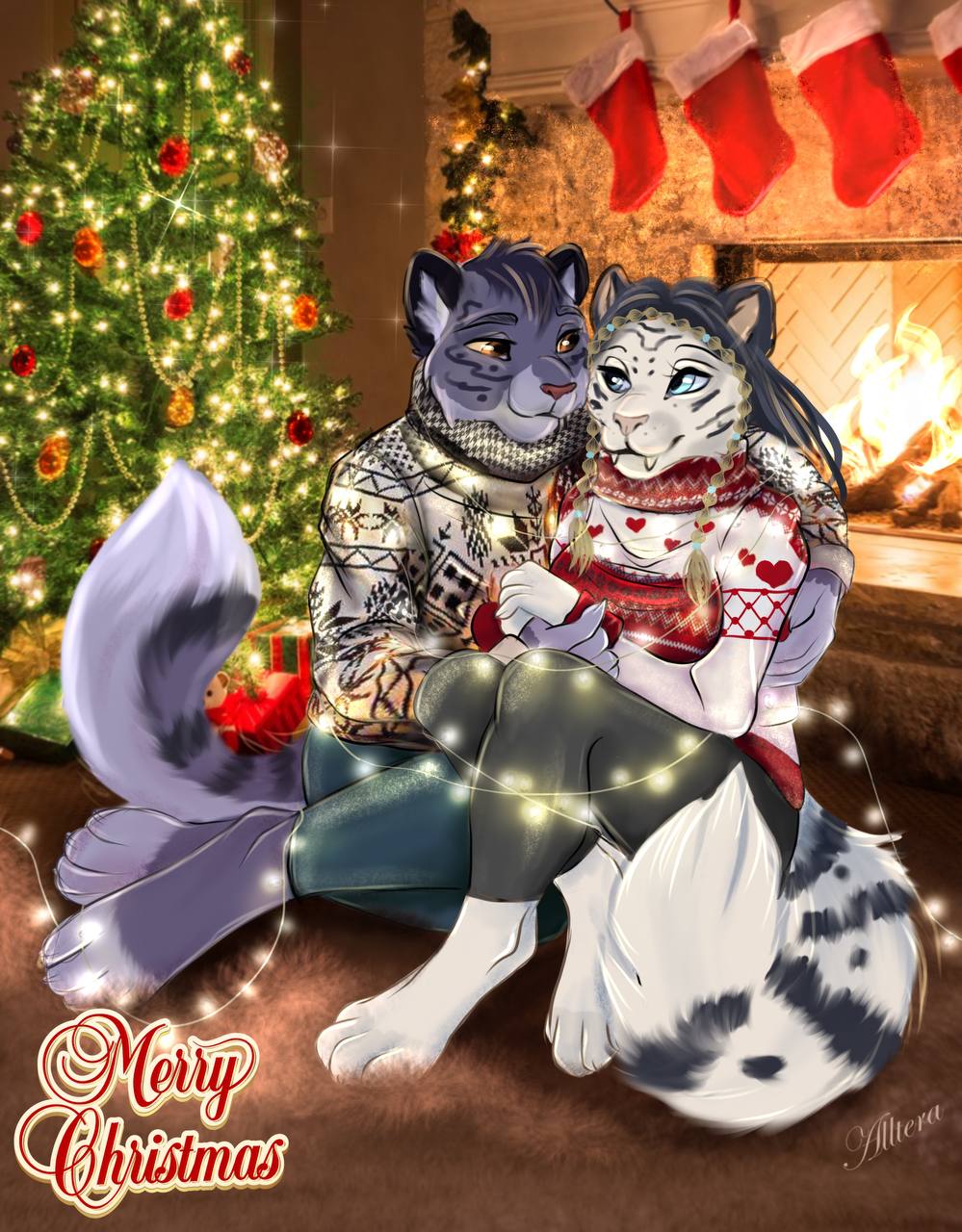 alltera anthro couple_(disambiguation) domestic_cat duo felid feline felis female hi_res male male/female mammal merry_christmas postcard